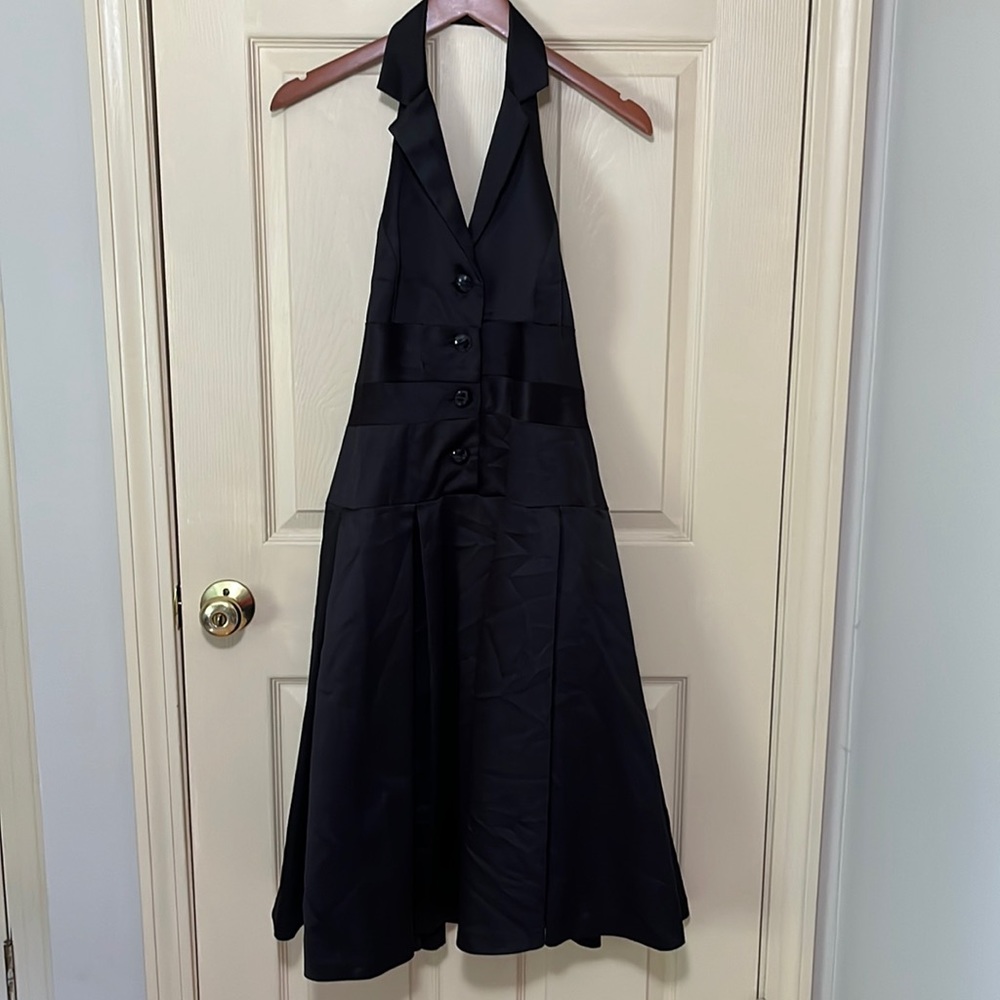 VTG 80s Liz Claiborne Black collar satin button halter cocktail dress, sz 8